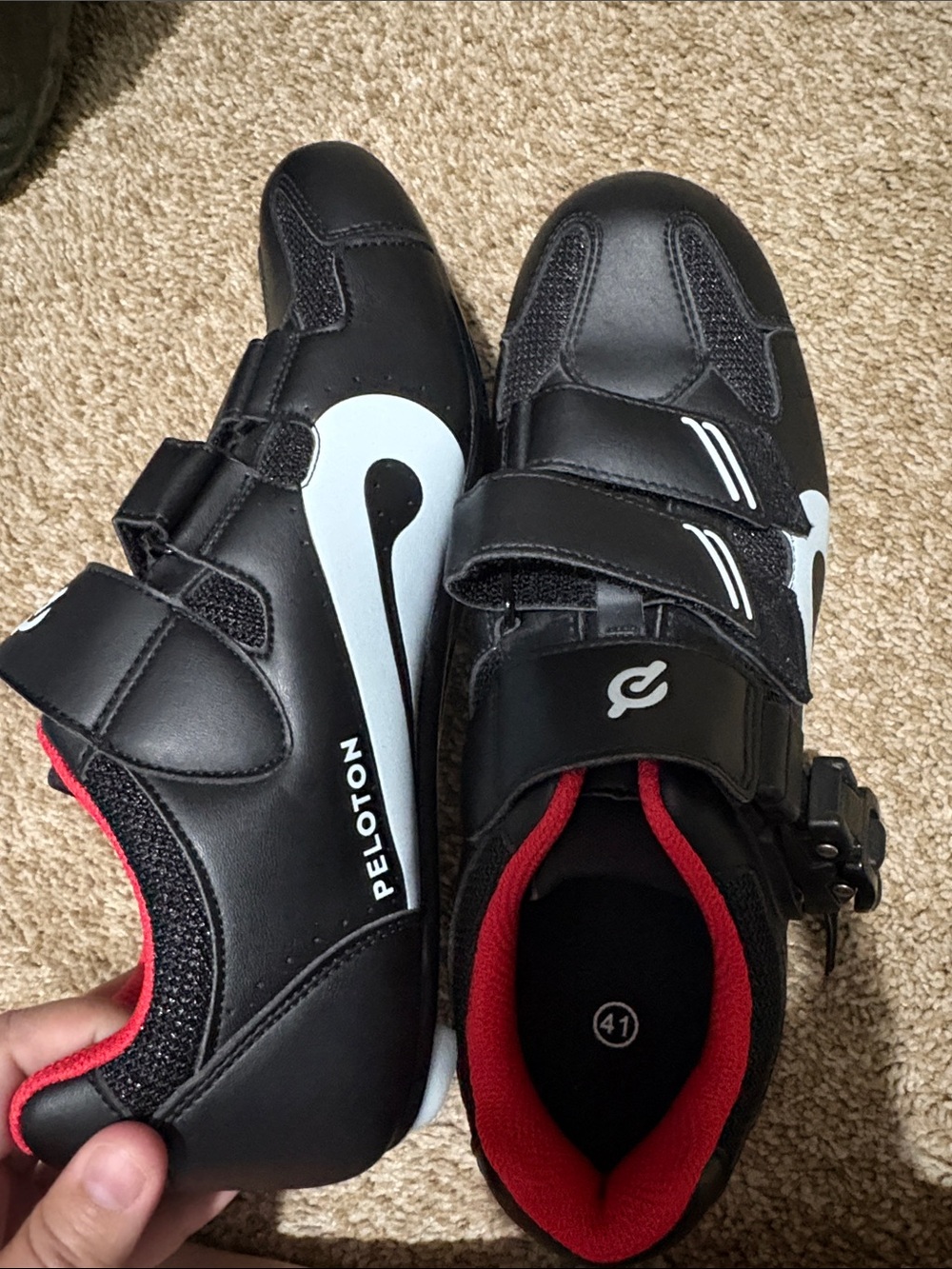 Peloton Black Cycling Shoes with White Logo and Red Lining